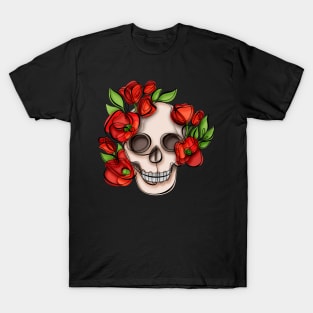 Minimalistic Continuous Line Skull with Poppies T-Shirt